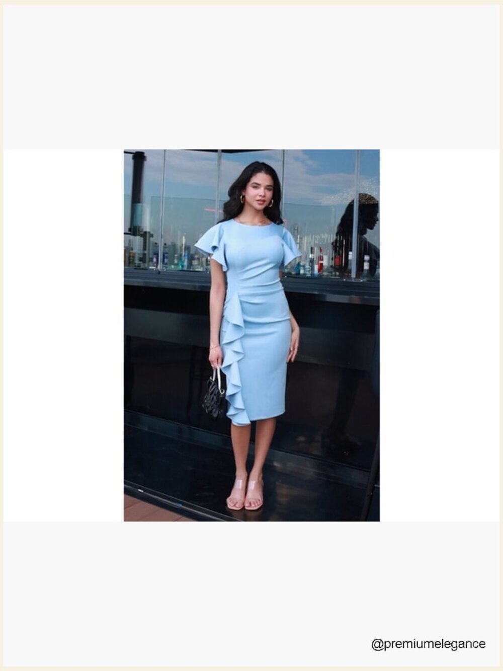 Vintage Church Ruffle Sleeve Ruched Bodycon Work Midi Pencil Dress - Picture 7 of 7